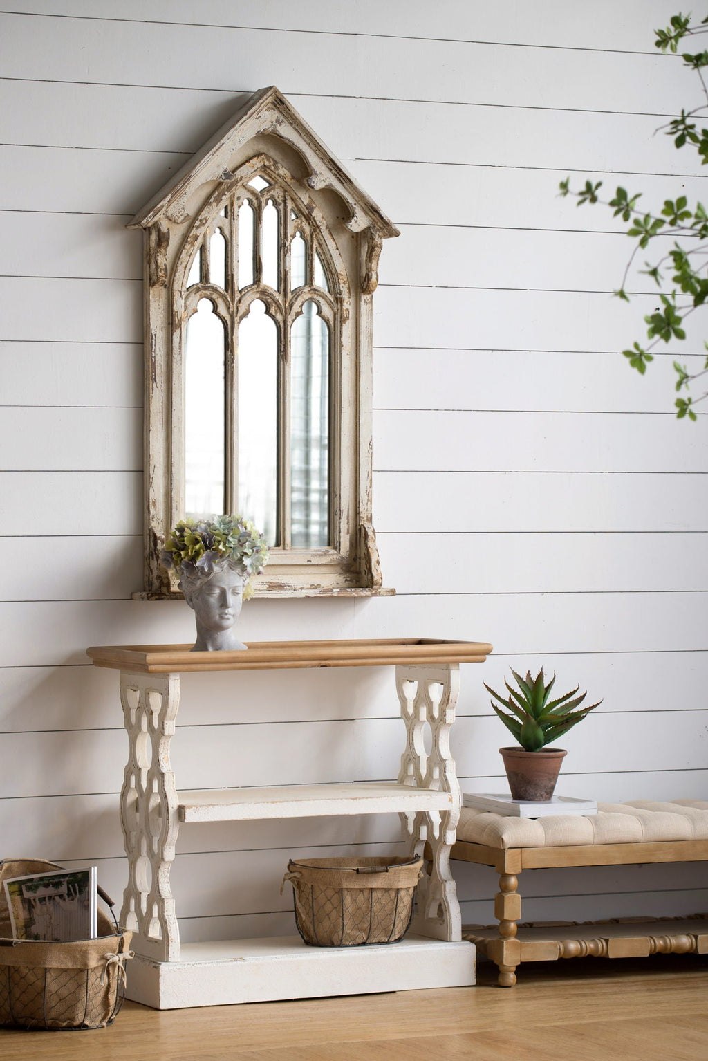 Distressed Wood Shelf Tray Console Table - Brown / Antique White
