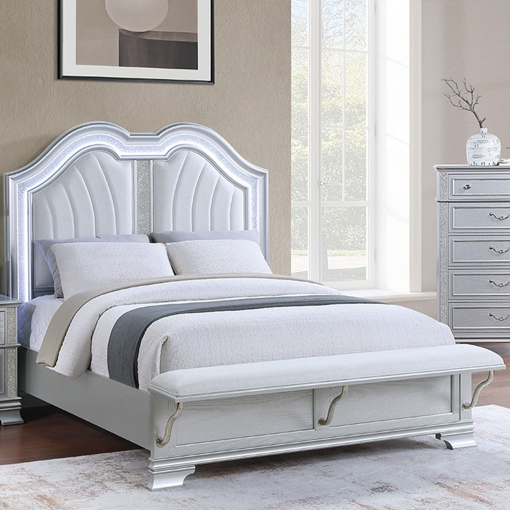 Pearl Silver 3 Piece Bedroom Set with LED Headboard and Footboard Bench