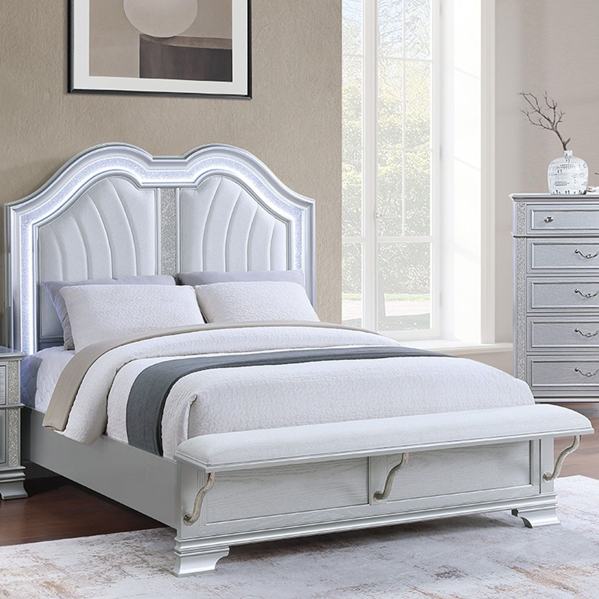 Pearl Silver 3 Piece Bedroom Set with LED Headboard and Footboard Bench