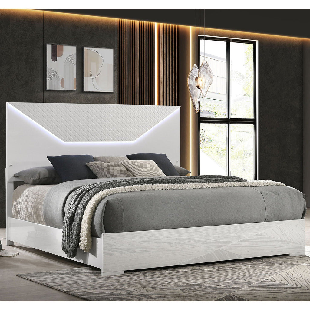Pierce Panel Bed with LED Headboard - High Gloss Finish - White or Dark Gray