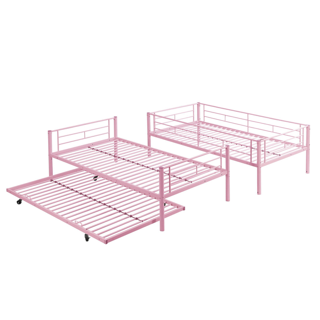 Twin Over Twin Bunk Bed with Trundle - Sturdy Metal Frame - Pearl Silver, White, or Pink