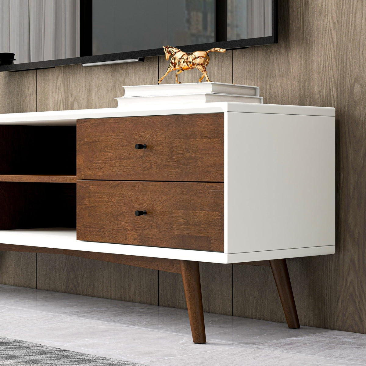 Modern TV Stand Up To 72" with Solid Wood Construction - White or Dark Brown
