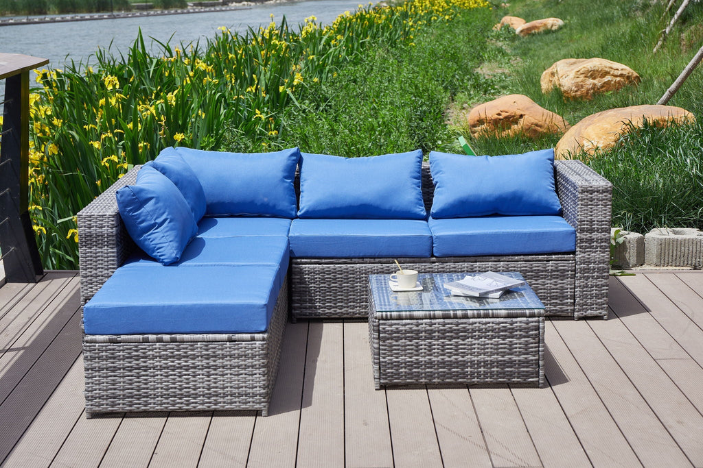 Dark Gray Patio Sofa With Cushions and Table - All-Weather Wicker