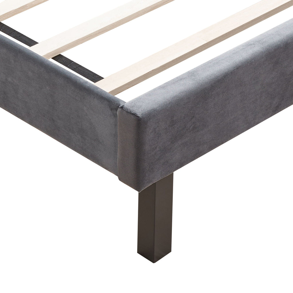 Gray Velvet Upholstered Queen Platform Bed with Wingback and Wood Slat Support