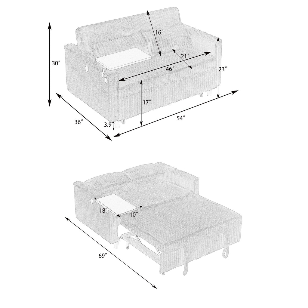Pull Out Sofa With Movable Tabletop and USB Ports - Multiple Colors