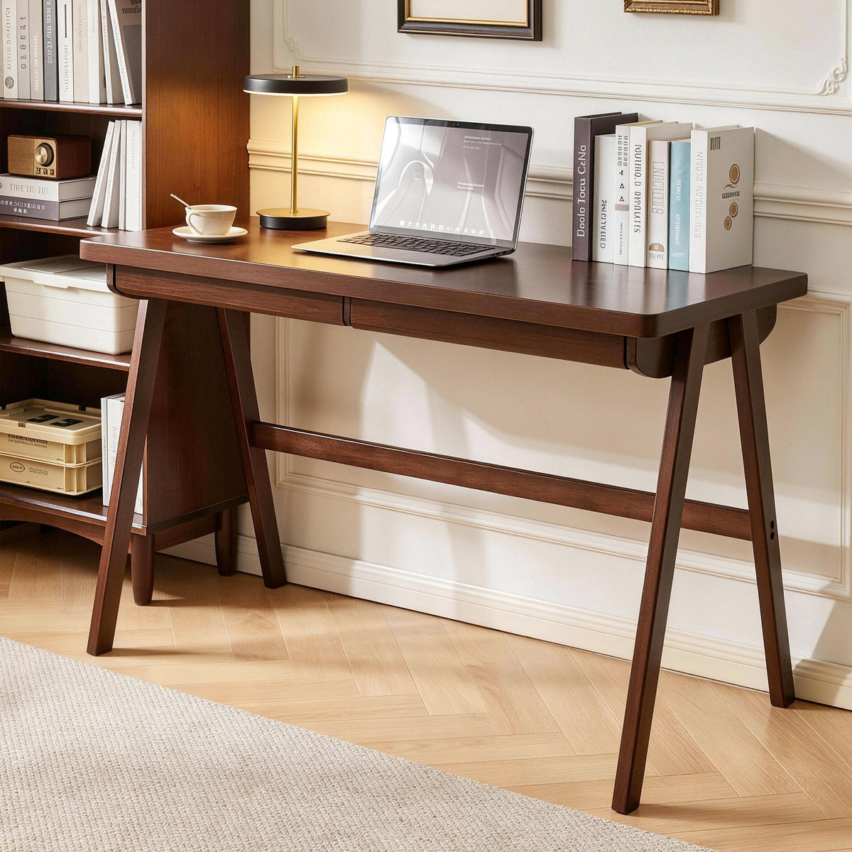 Solid Rubber Wood Computer Desk with Retro Design - Natural Wood