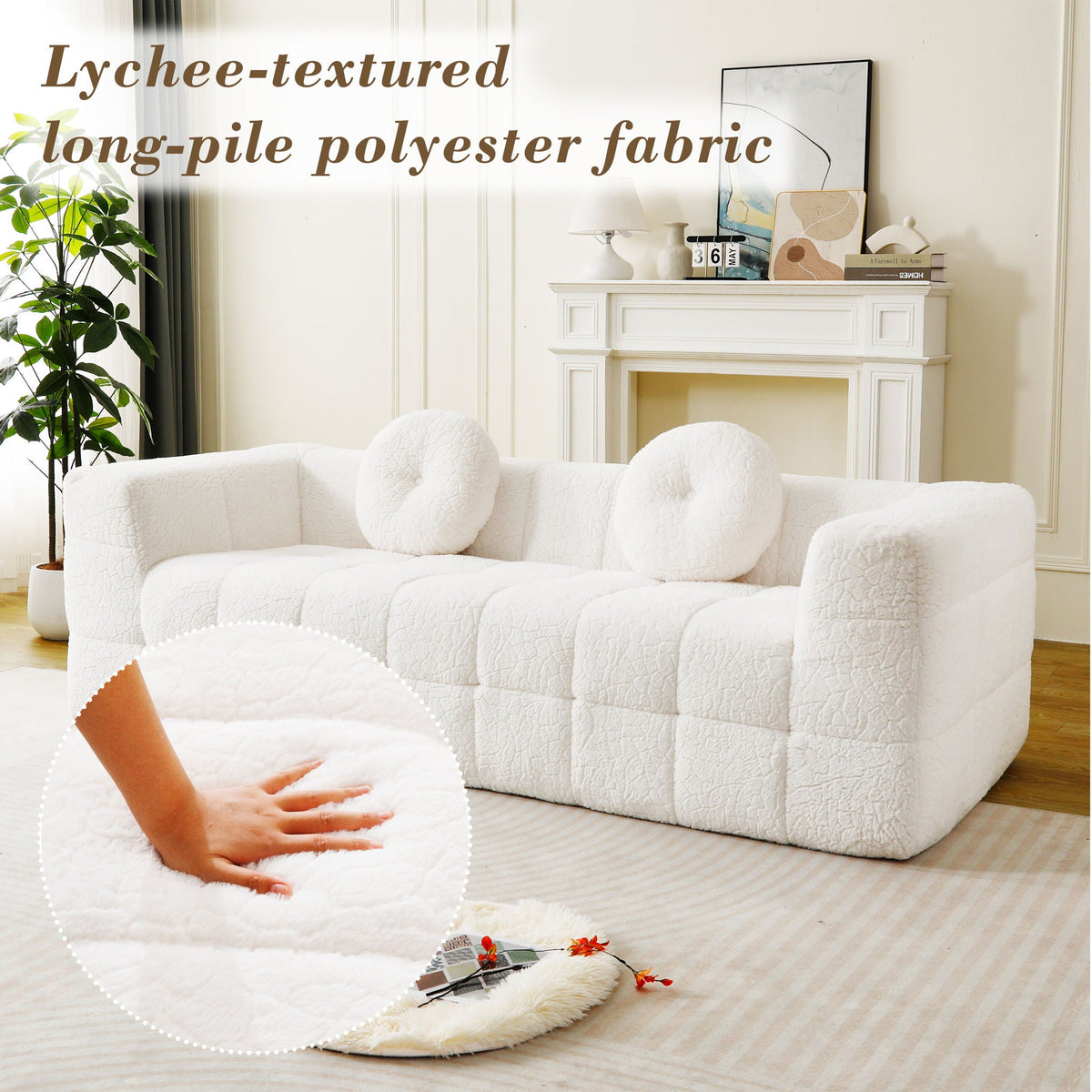 Beige 3 Seater Sofa with Circular Throw Pillows - Lychee-Textured Polyester