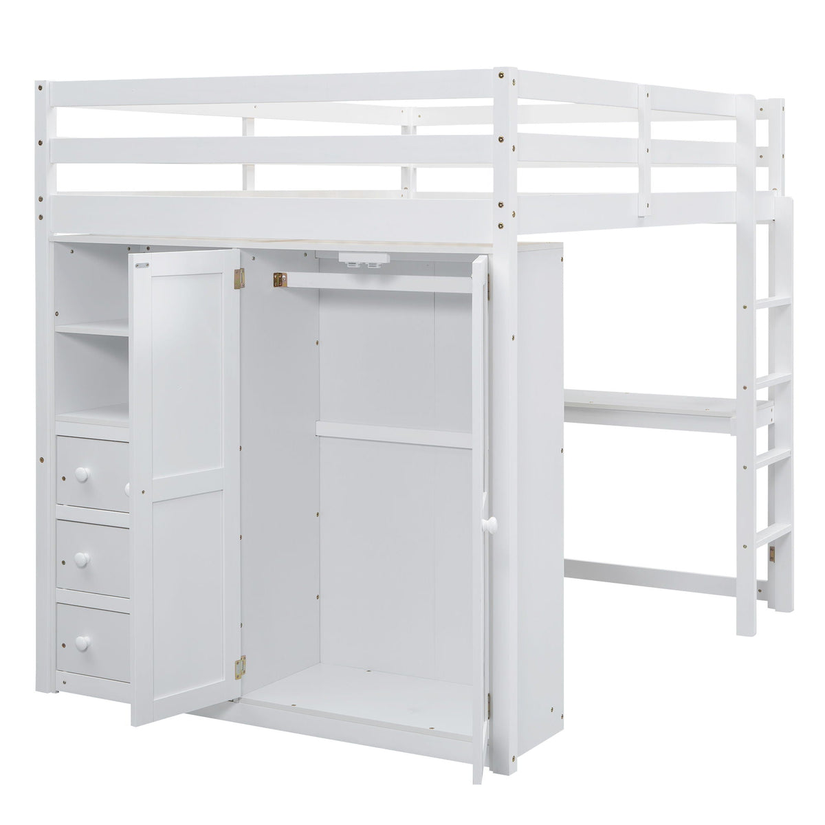 Full Size Loft Bed with Built-In Wardrobe, Shelves, and Drawers - White or Dark Gray