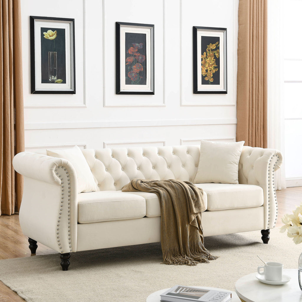 Chesterfield Sofa with Rolled Arms and Nailhead Trim – Solid Wood Frame