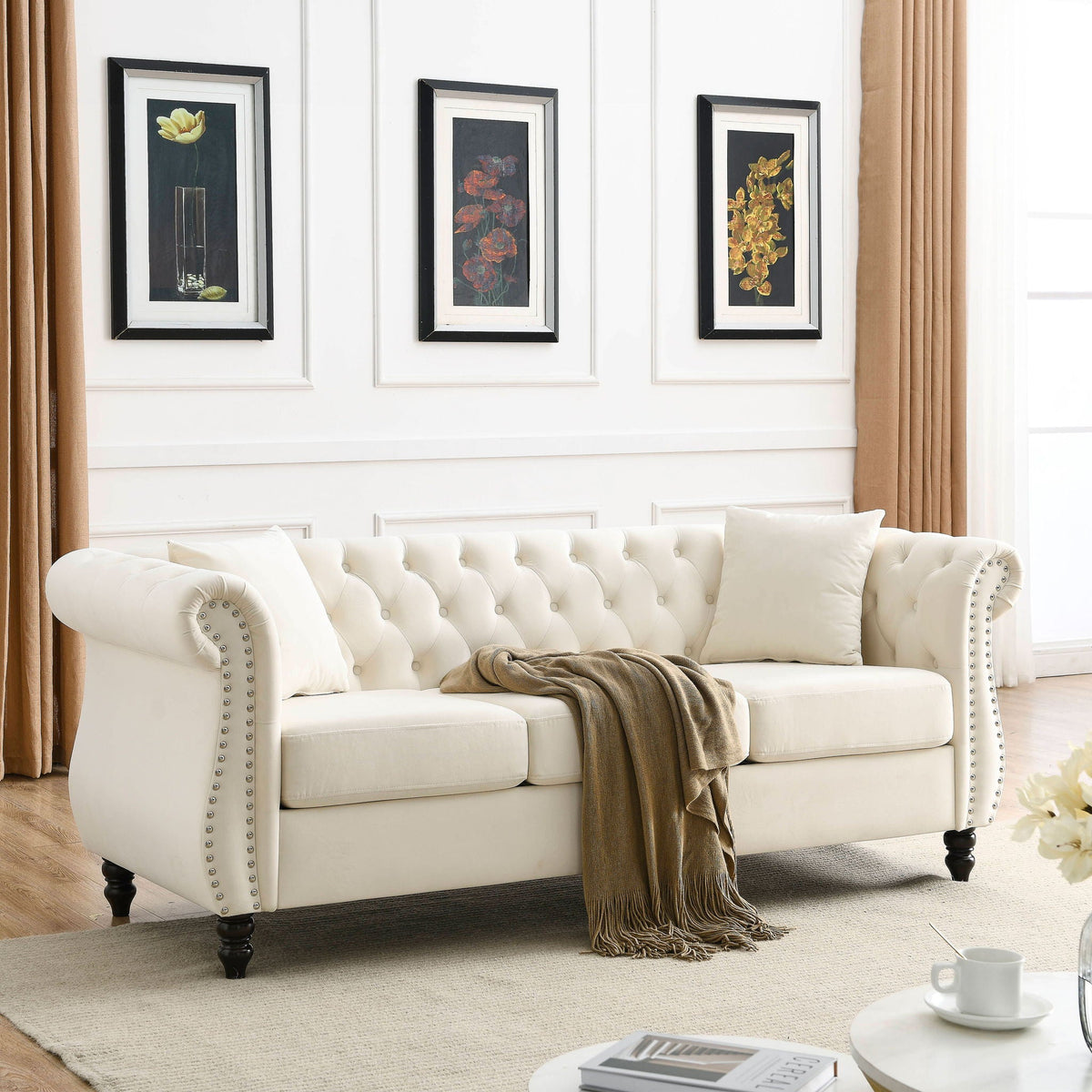 Chesterfield Sofa with Rolled Arms and Nailhead Trim – Solid Wood Frame
