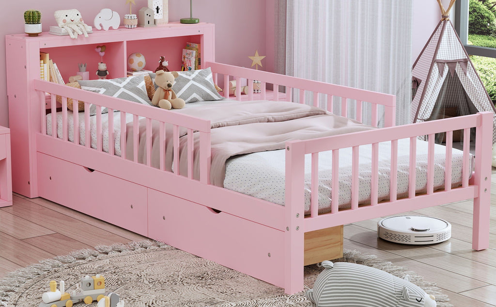 Twin Storage Bed with Headboard Rack & Under-Bed Drawers - Multiple Colors