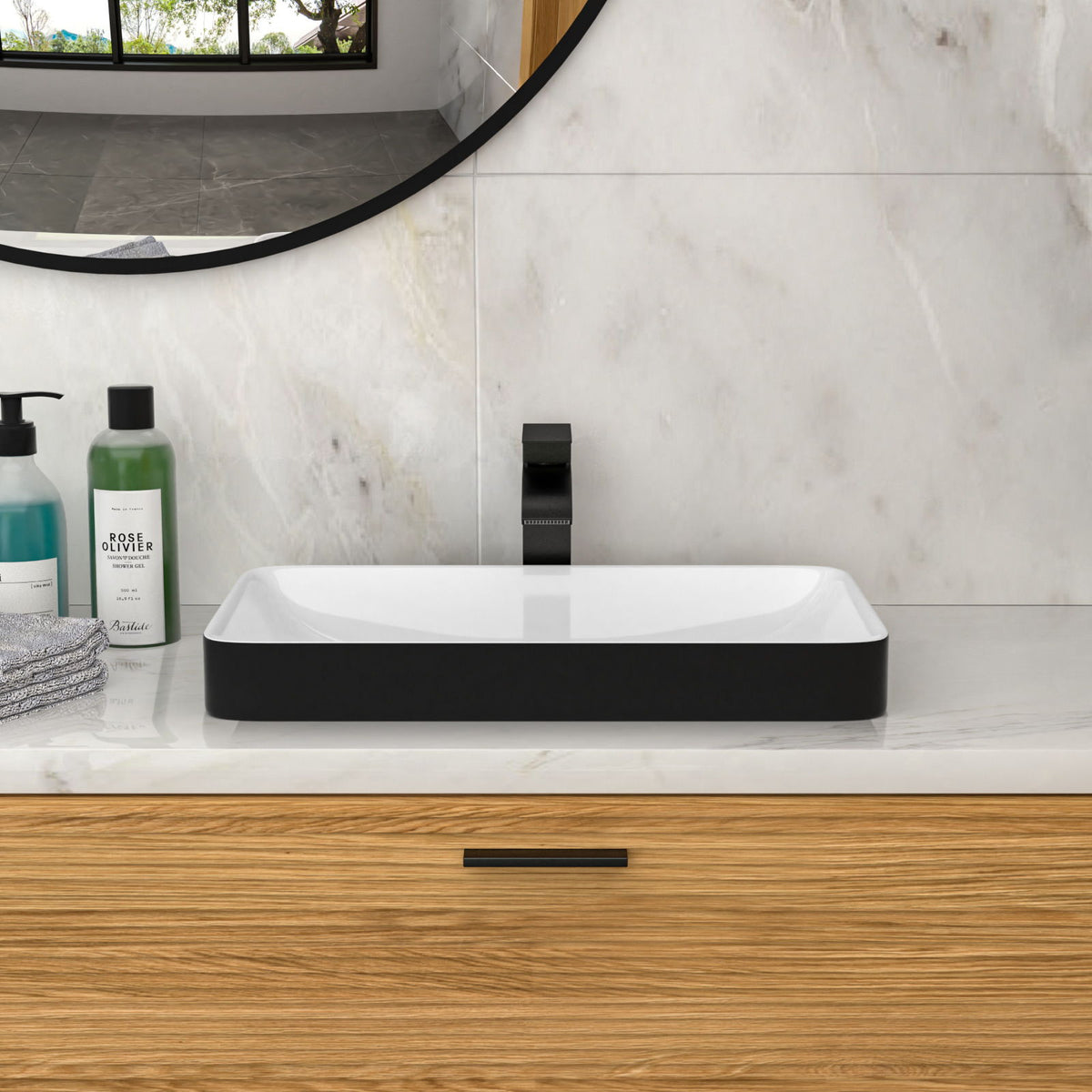Semi Recessed Bathroom Sink with Vessel Design - Durable Glazed, White / Black