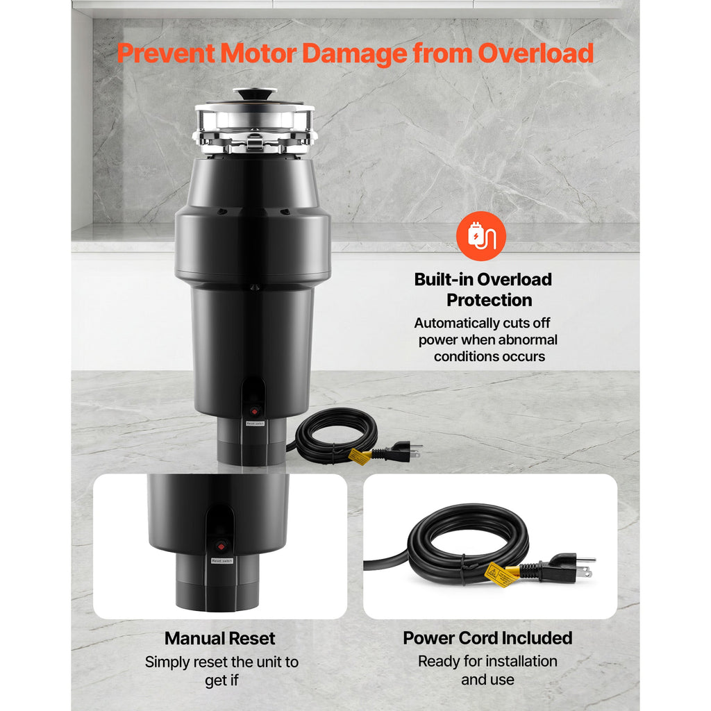 1HP Food Waste Garbage Disposal with Continuous Feed - Black