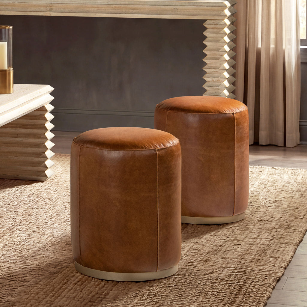 Brown Leather Round Ottoman Stool with Brass Base