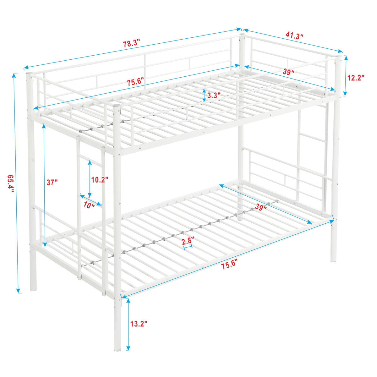 Twin Over Twin Bunk Bed with Trundle - Sturdy Metal Frame - Pearl Silver, White, or Pink