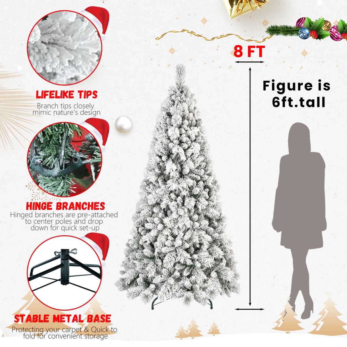 7FT Flocked Christmas Tree with Hinged Design - Snowy White