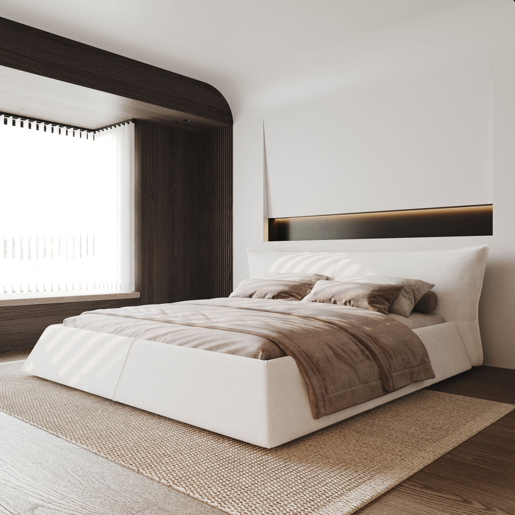 Upholstered Platform Bed with Special Shaped Headboard - Black or Beige