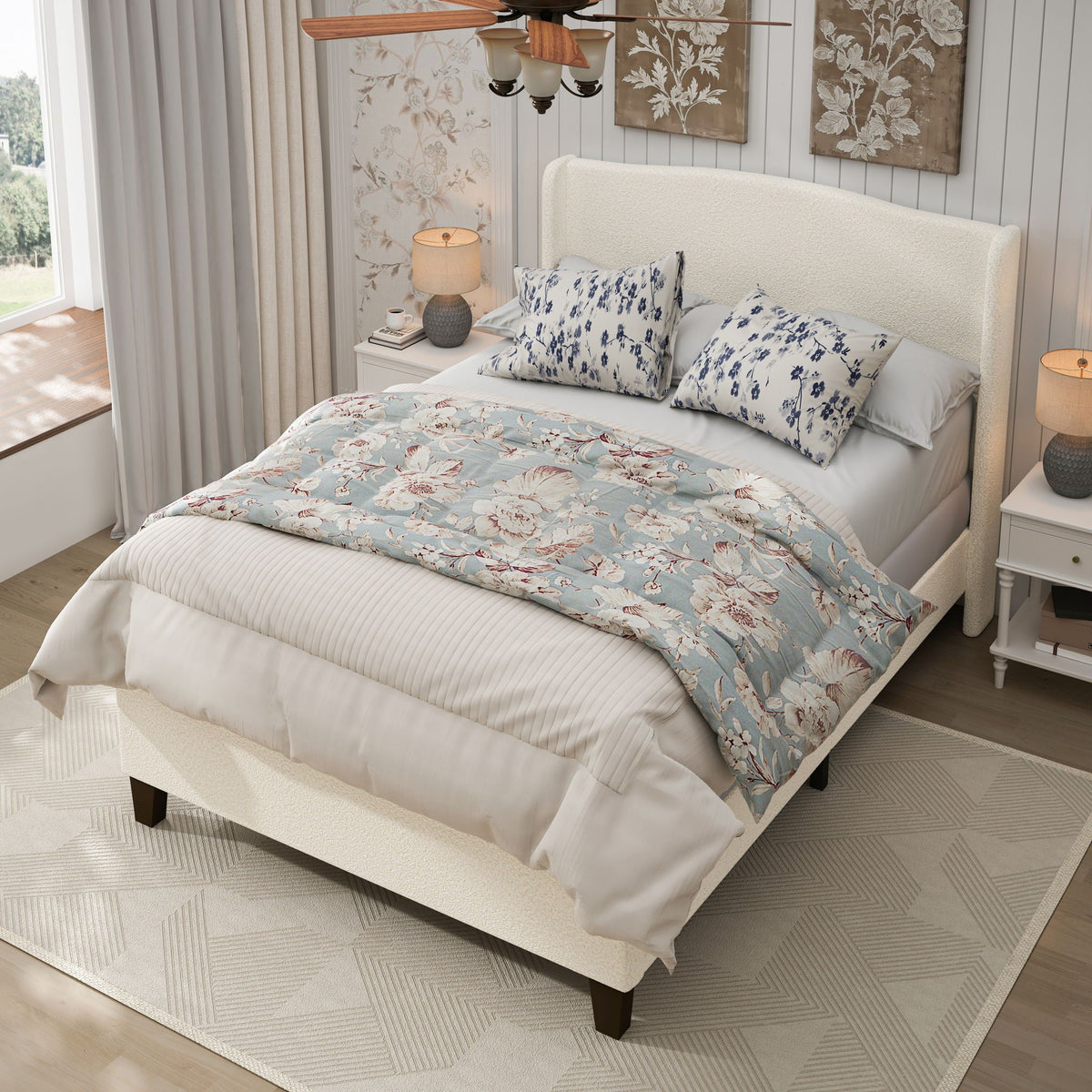 Platform Bed Frame with Tall Headboard and High Footboard - White or Gray
