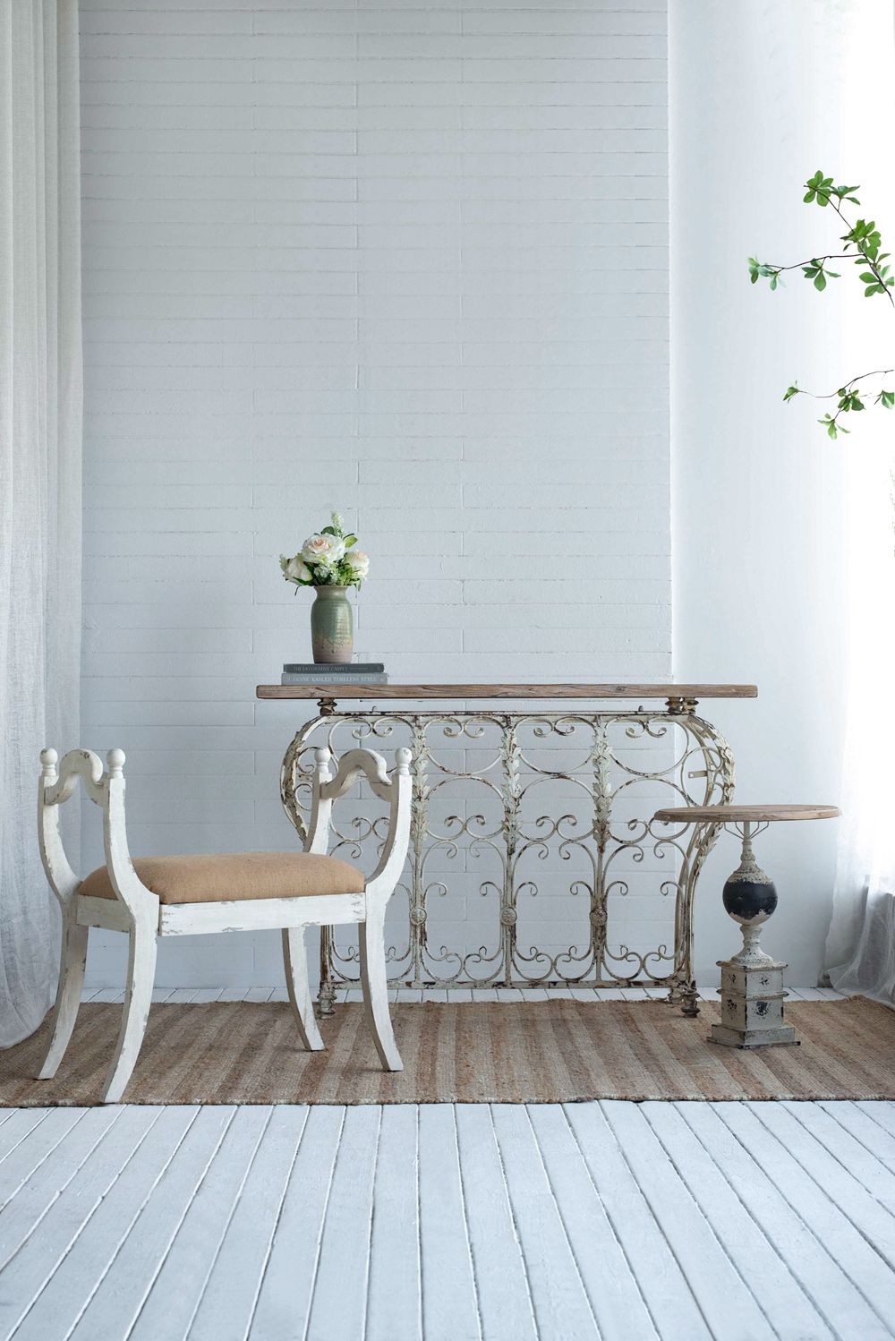 Farmhouse Vanity Bench with Padded Seat - Beige and White