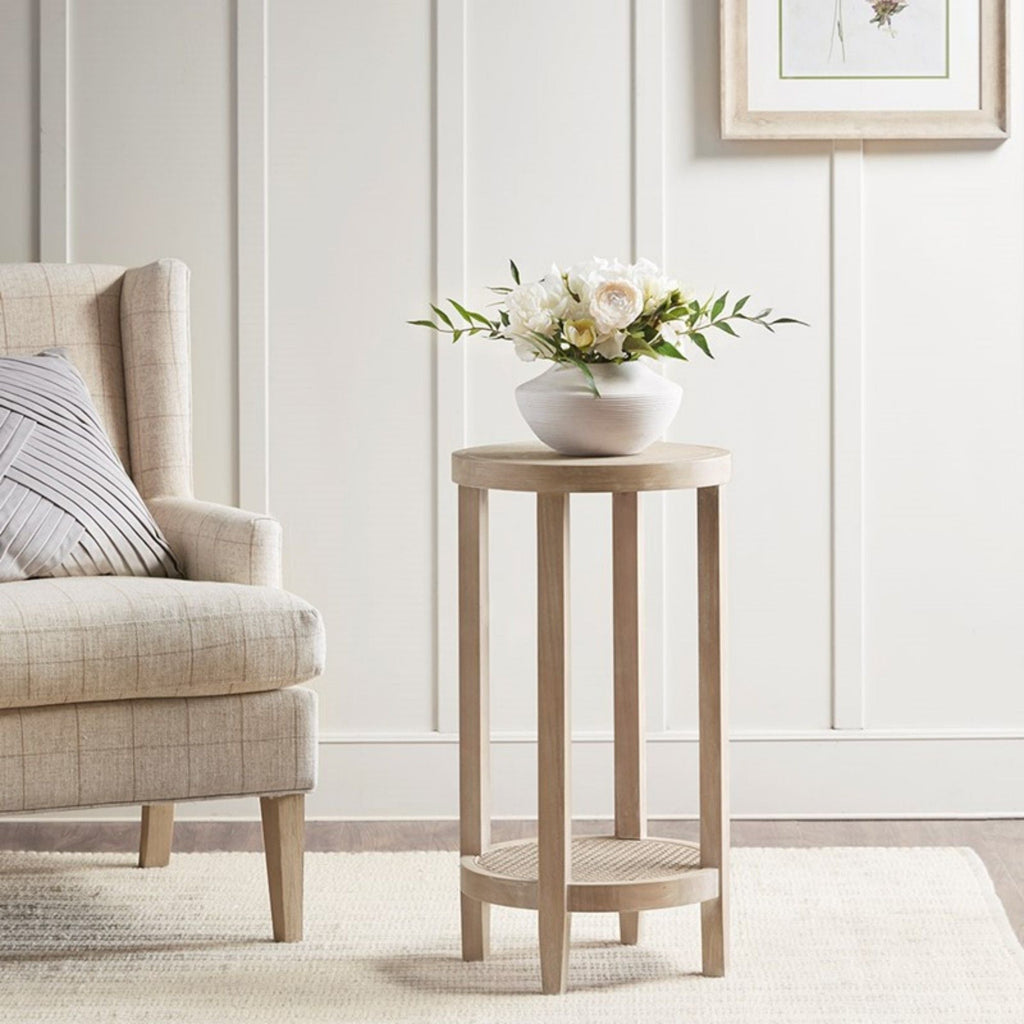 Reclaimed Wheat Round Accent Table with Rattan Cane Shelf