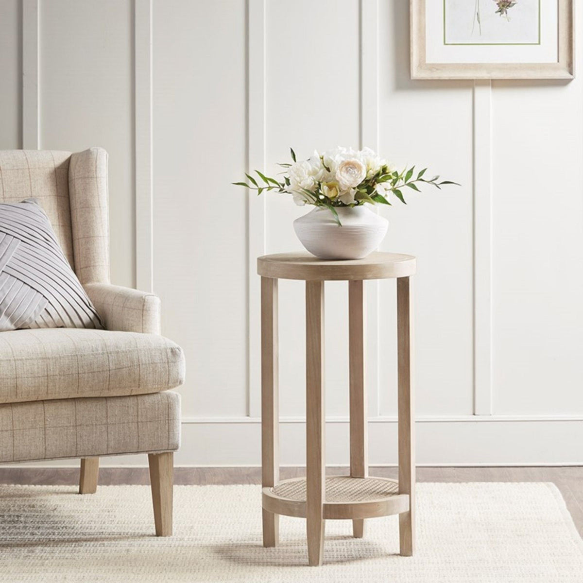 Reclaimed Wheat Round Accent Table with Rattan Cane Shelf