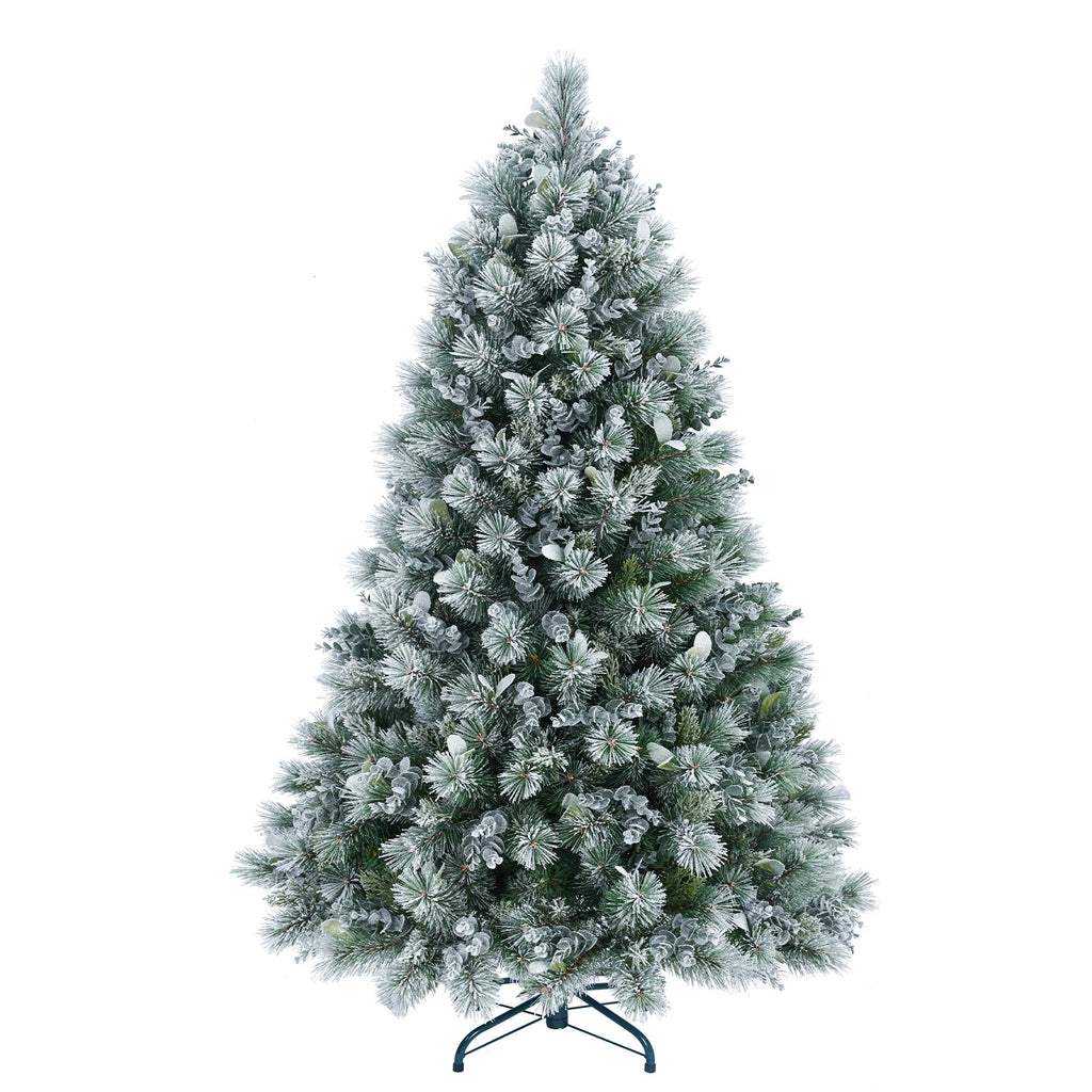 4FT Flocked Christmas Tree with Pine Needles & Eucalyptus Leaves - Frosted PVC