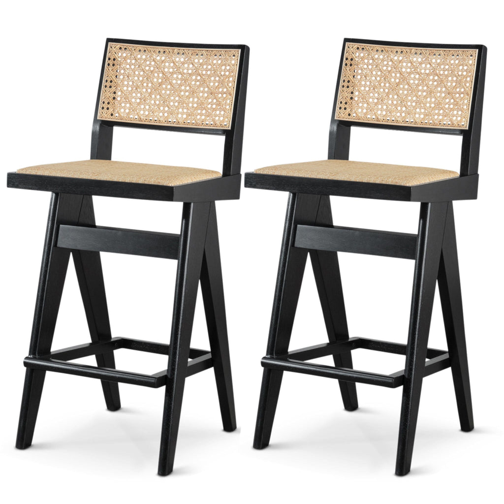 Black & Rattan Bar Stool Set with Full Back Support - Set of 2