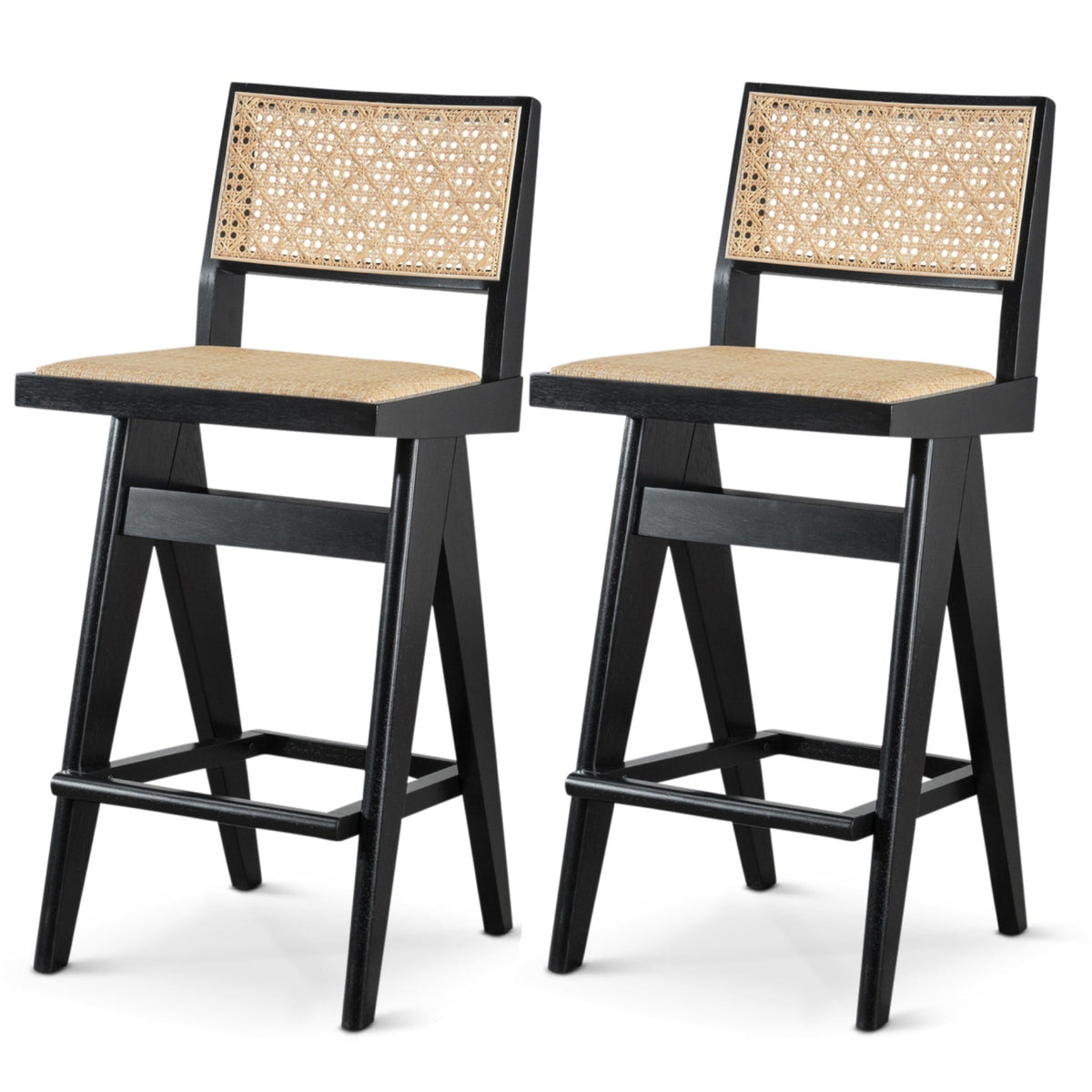 Black & Rattan Bar Stool Set with Full Back Support - Set of 2