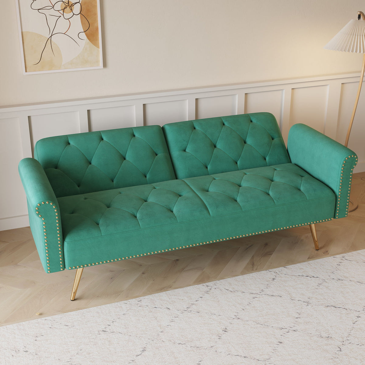 Velvet Sofa Bed with Nail Head Trim and Matching Pillow - Multiple Colors