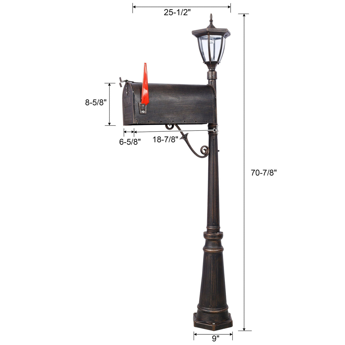Heavy Duty Cast Aluminum Mailbox with Solar Light - Brown