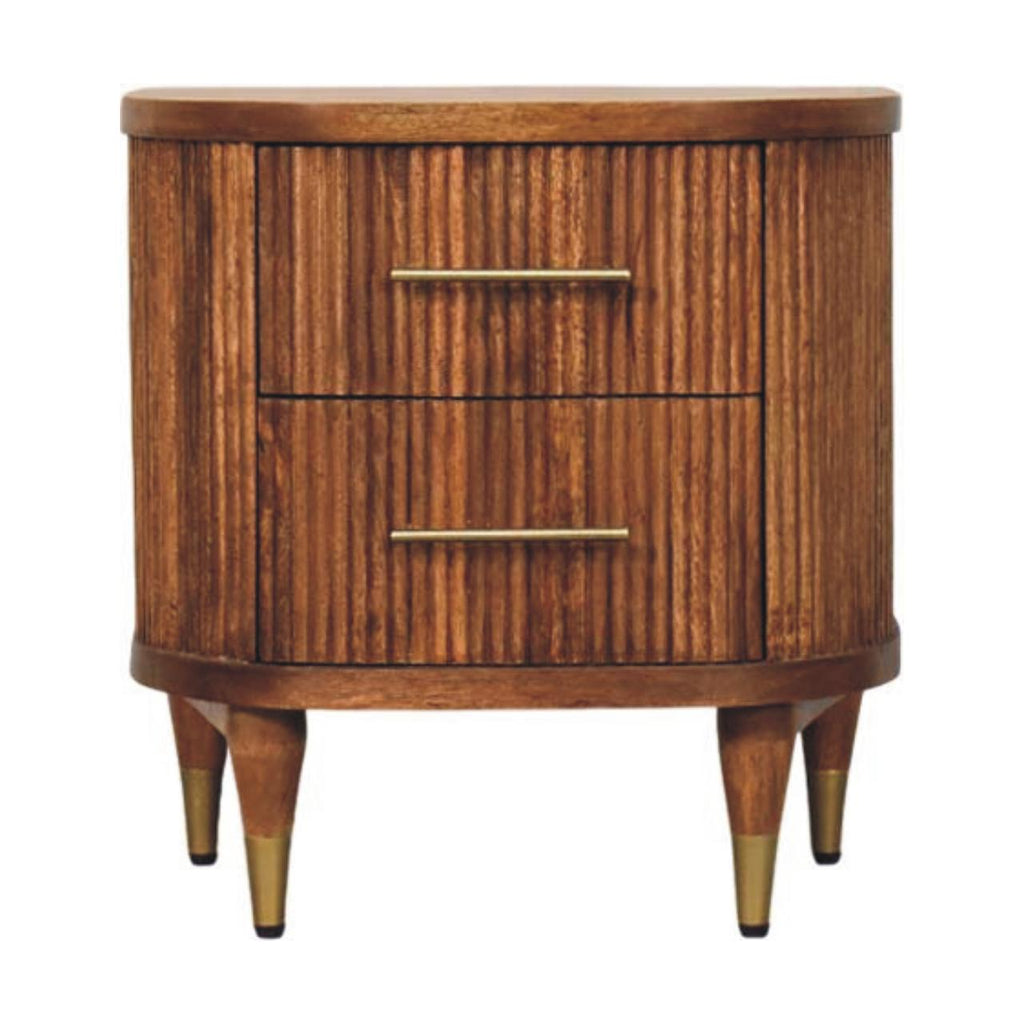 Solid Wood Ribbed Bedside Table with Ribbed Design - Amber Oak Finish