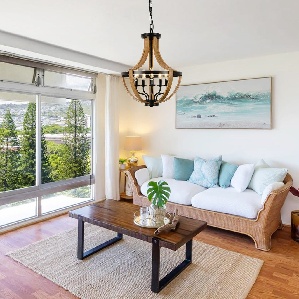 5-Light Modern Chandelier with Geometric Wooden Frame - Brown