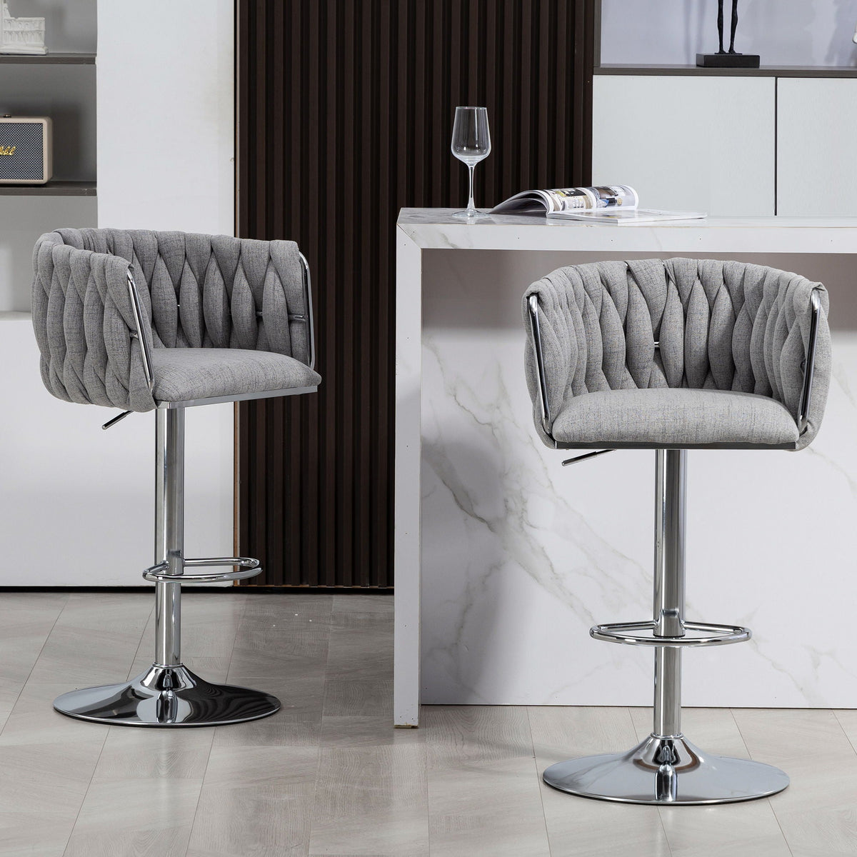 Adjustable Gray Counter Stools with 360° Swivel & Woven Back - Set of 2