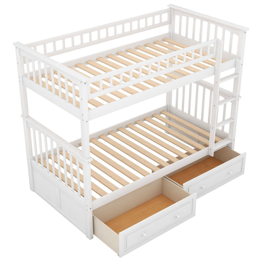 Twin Over Twin Bunk Bed with Drawers - Convertible, Solid Pine Wood - White or Dark Gray
