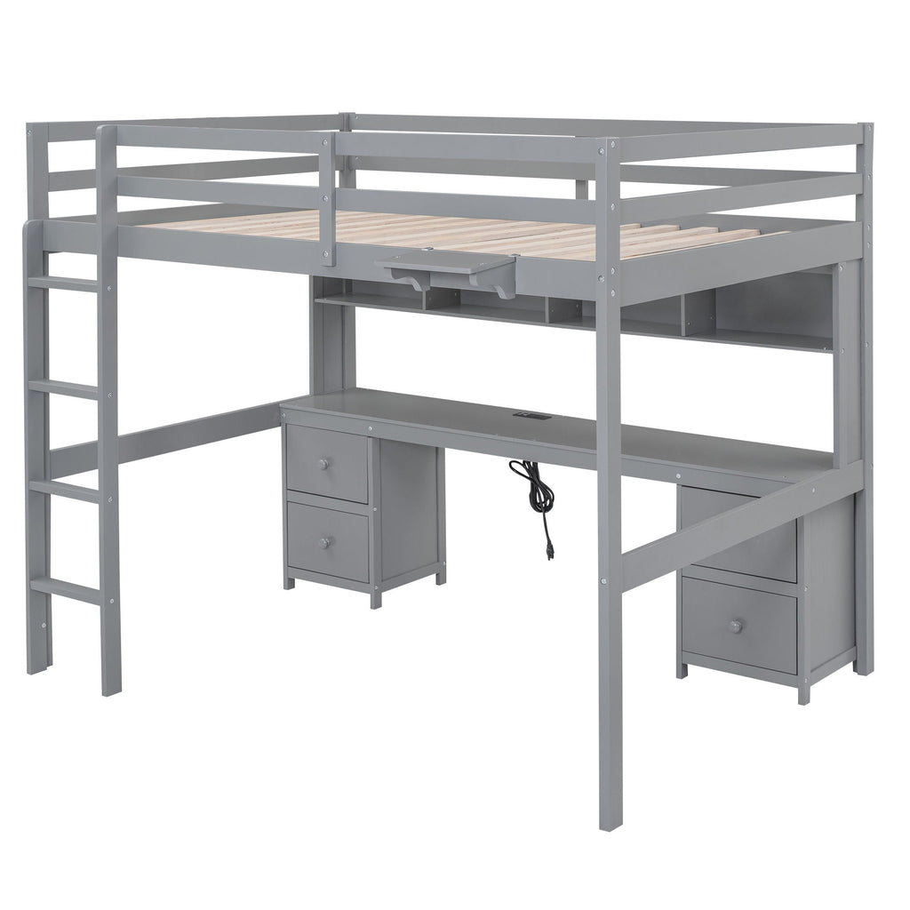 Loft Bed with Desk, Cabinets, Drawers and Charging Station - Full Size