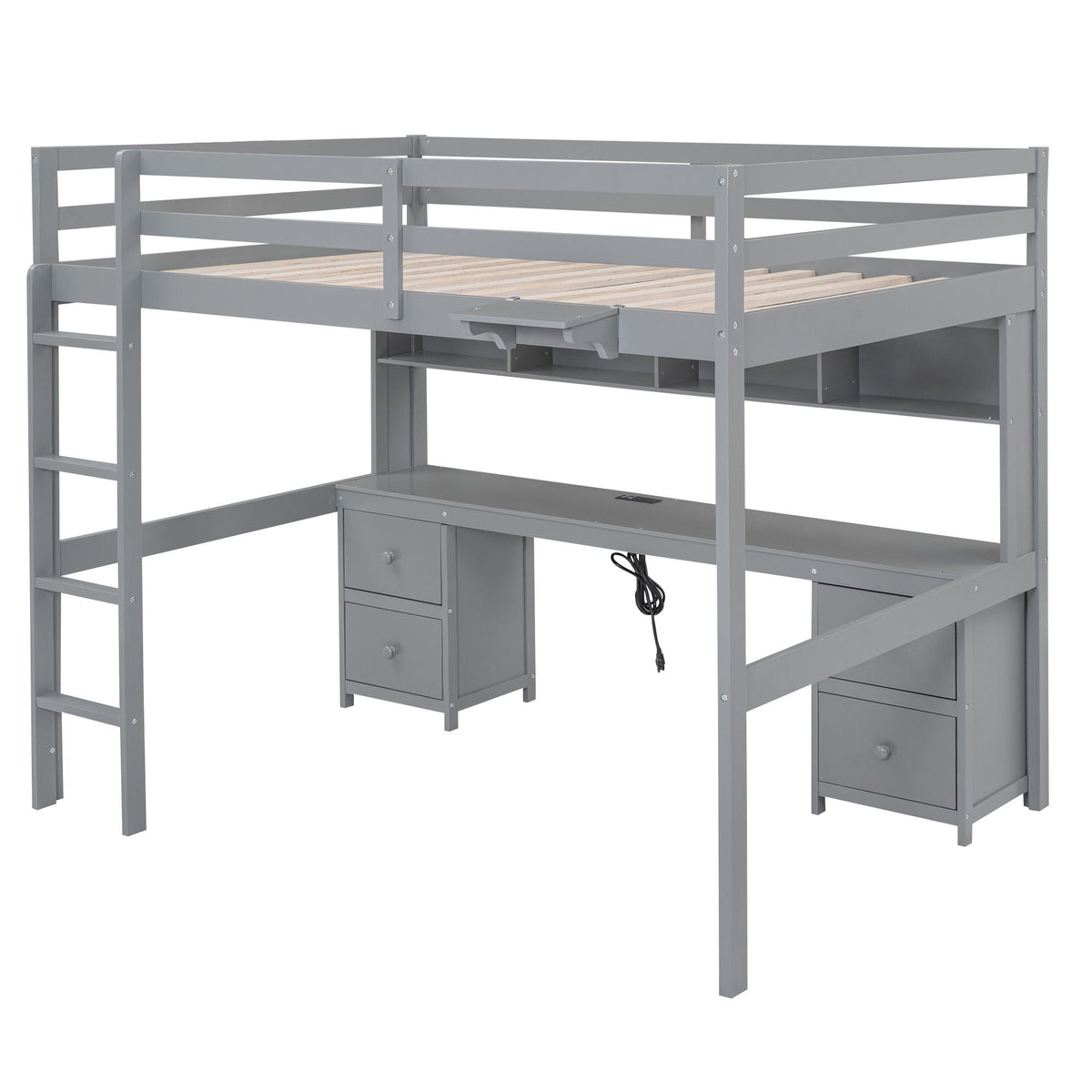 Loft Bed with Desk, Cabinets, Drawers and Charging Station - Full Size