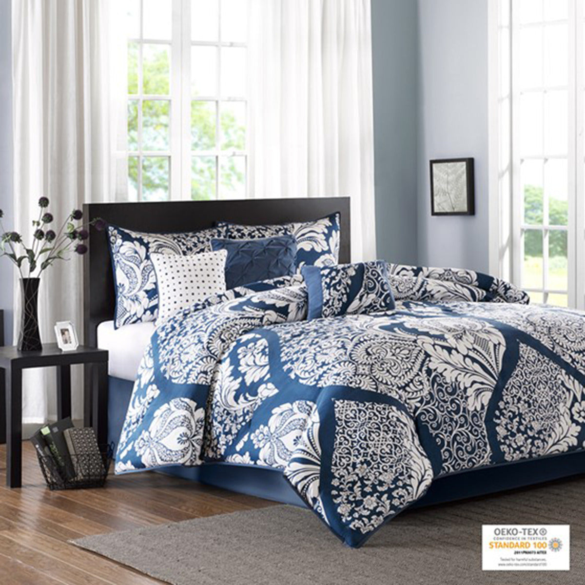 Indigo Cotton Comforter Set with Damask Pattern - Cal King, 7 Piece