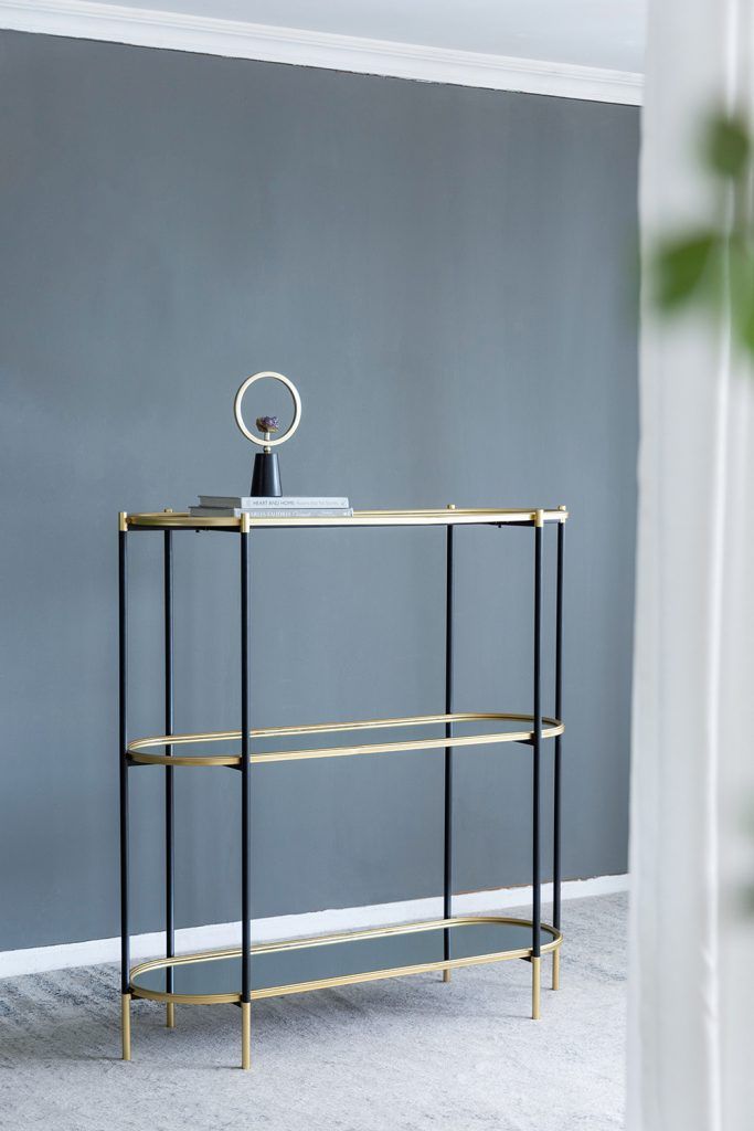 3 Tier Metal Console Table with Mirrored Shelves - Golden Black