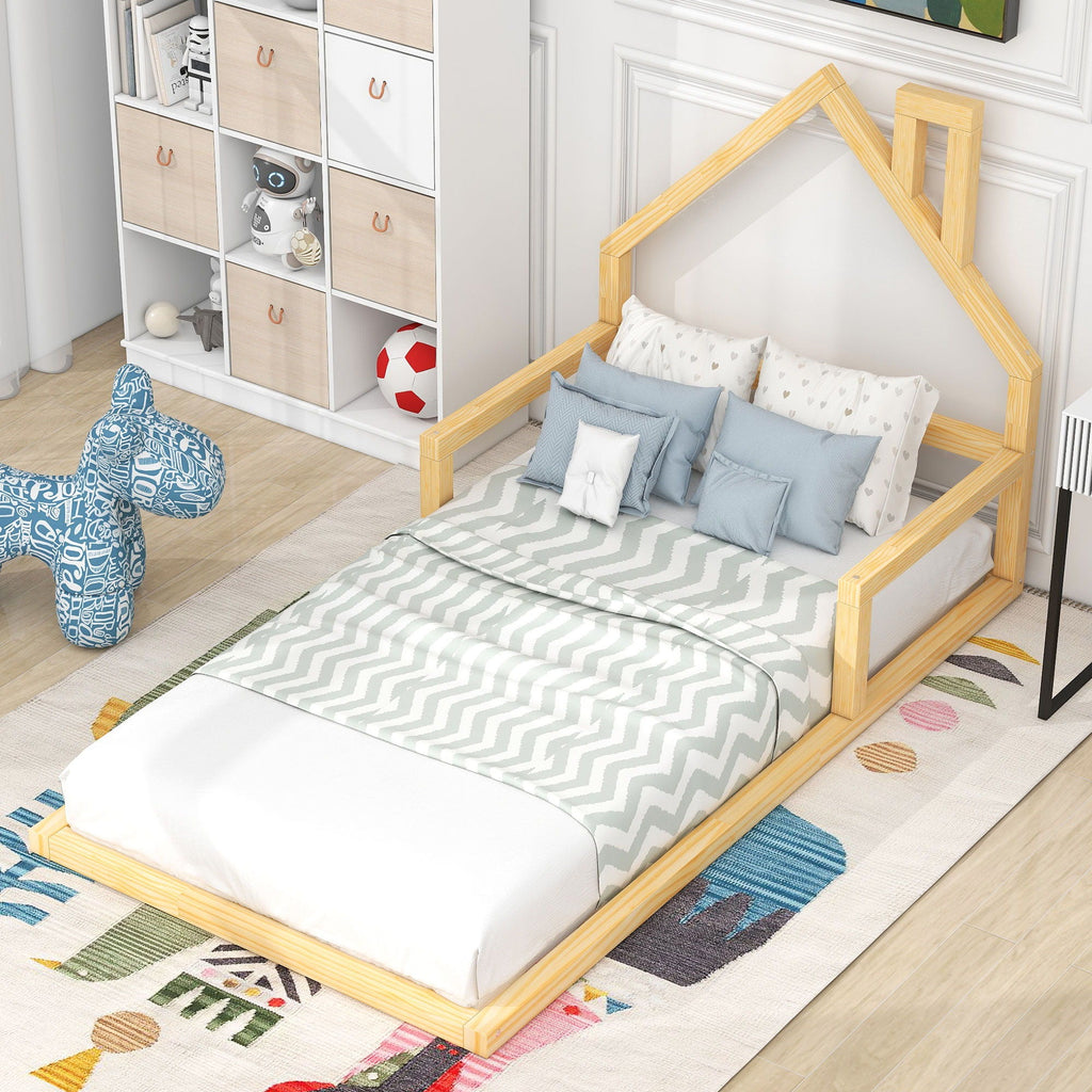 Floor Bed With House Shaped Headboard - Twin Size, Solid Pine - White or Light Brown