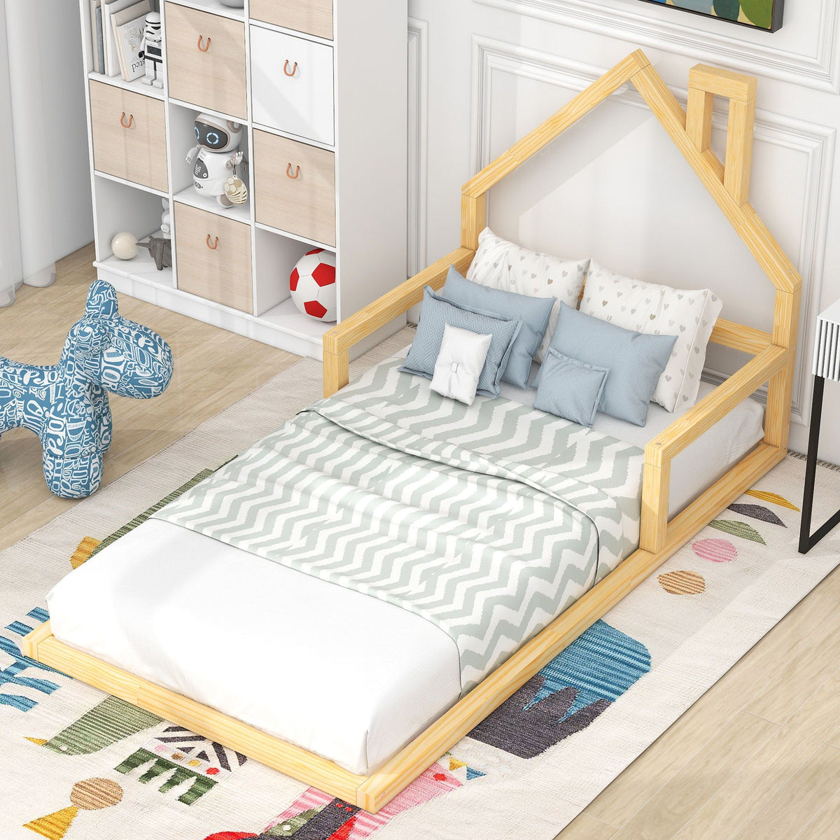 Floor Bed With House Shaped Headboard - Twin Size, Solid Pine - White or Light Brown
