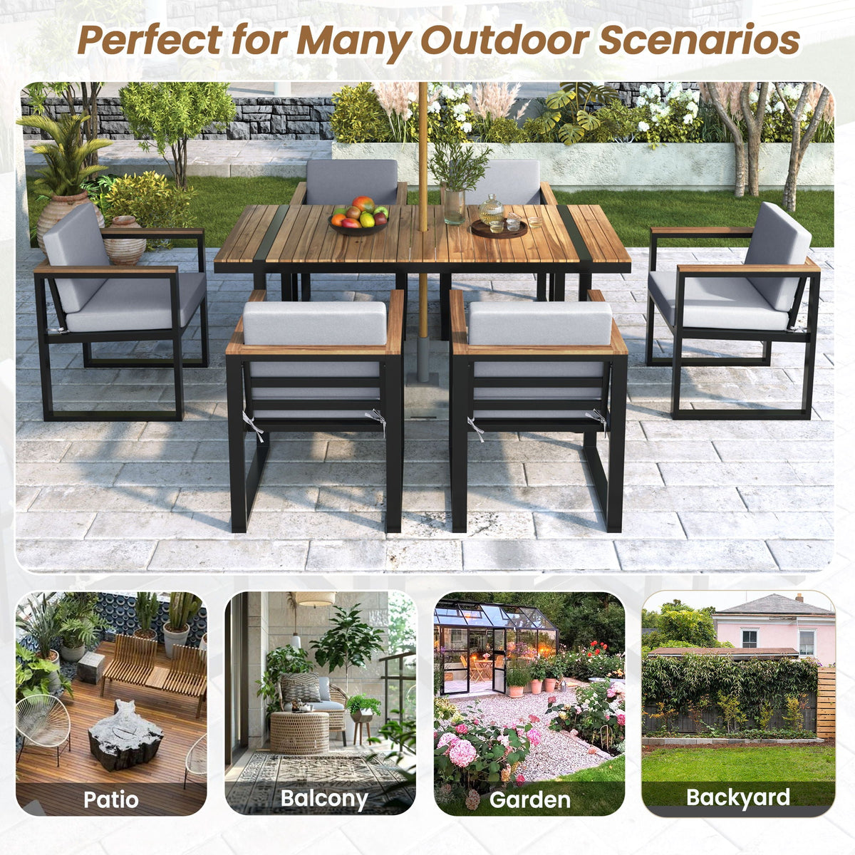 7 Piece Outdoor Dining Set with Removable Cushions - Gray or Beige