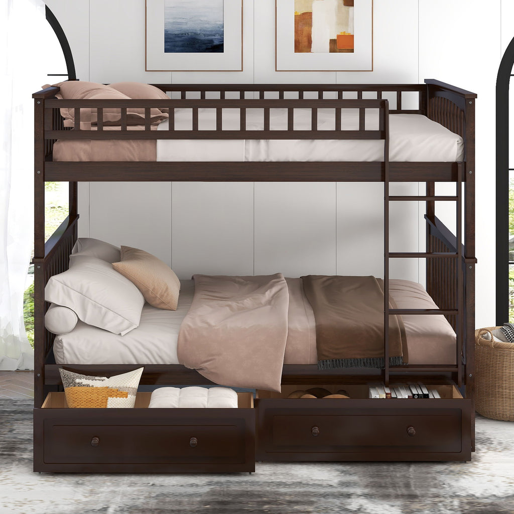 Convertible Bunk Bed With Drawers - Solid Wood with Storage - White, Dark Brown or Dark Gray