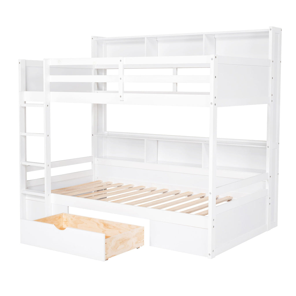 Twin Size Bunk Bed with Built-In Shelves and Storage Drawer - Dark Gray or White