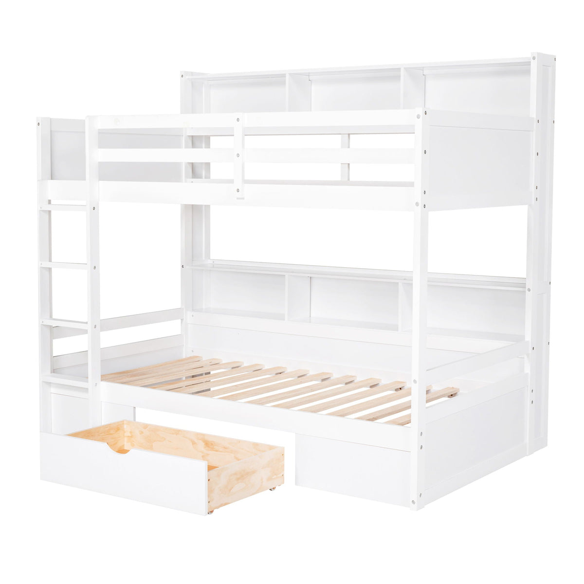 Twin Size Bunk Bed with Built-In Shelves and Storage Drawer - Dark Gray or White