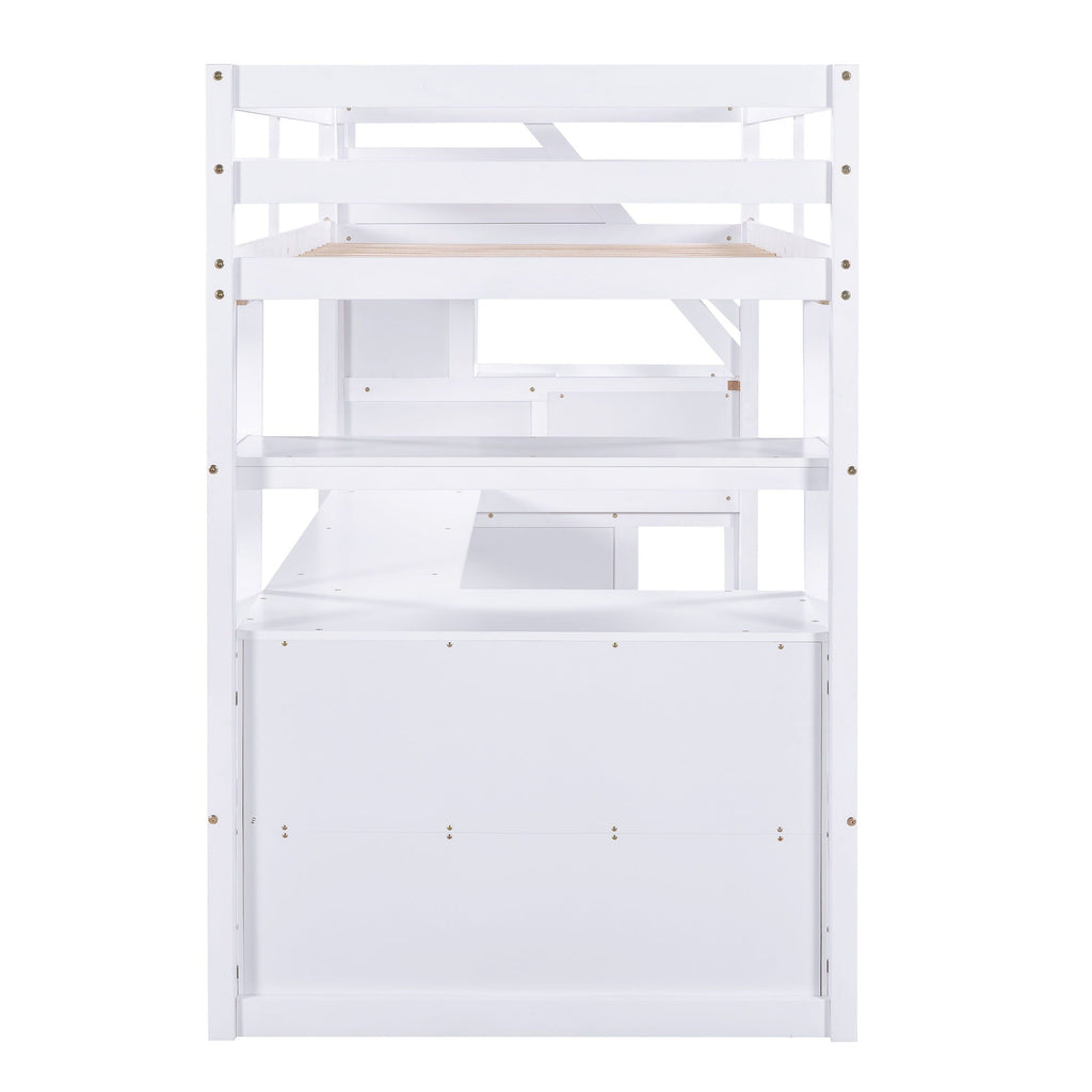 Loft Bed with Desk and Storage Staircase - Full or Twin, White or Gray