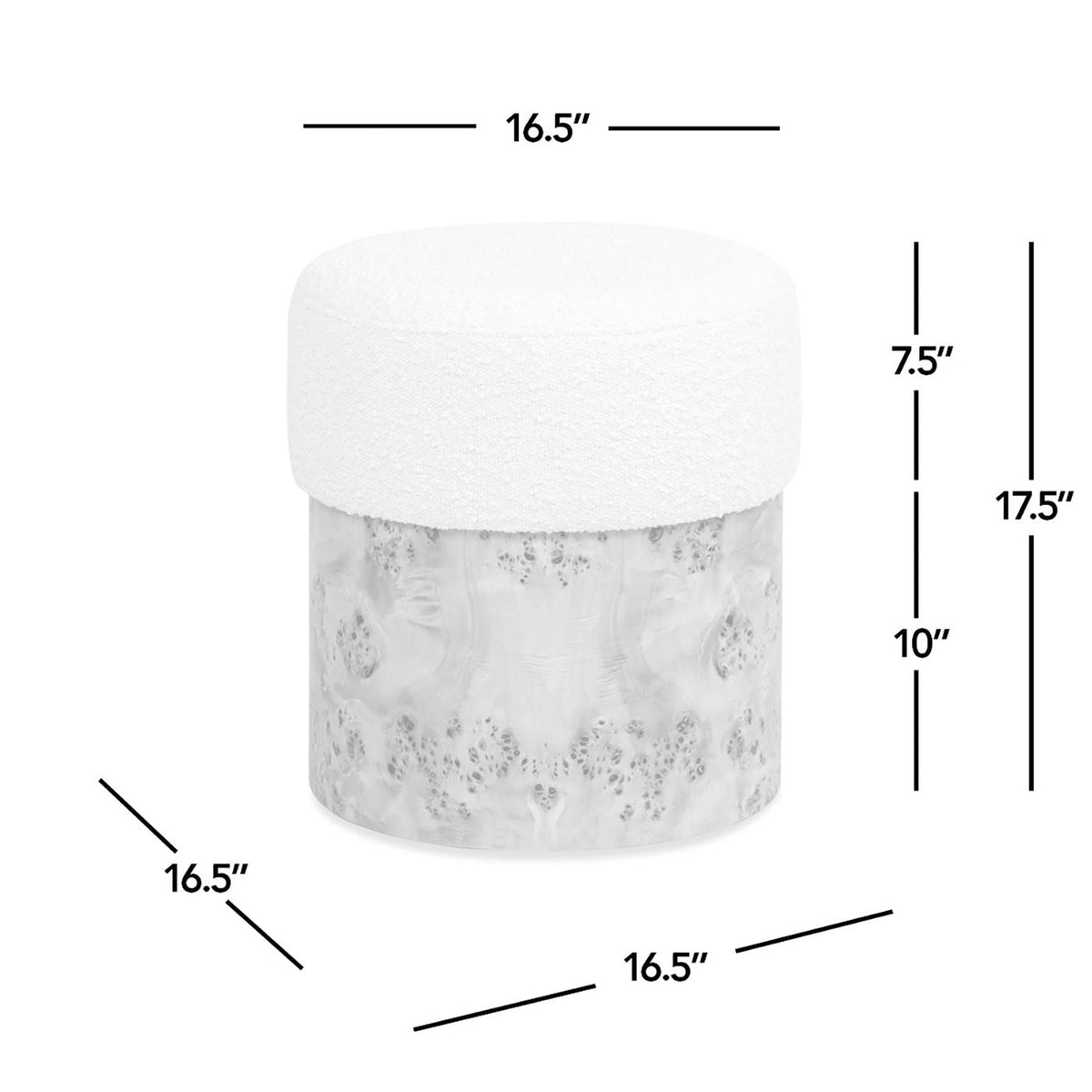 Round Upholstered Ottoman with Boucle Texture - White