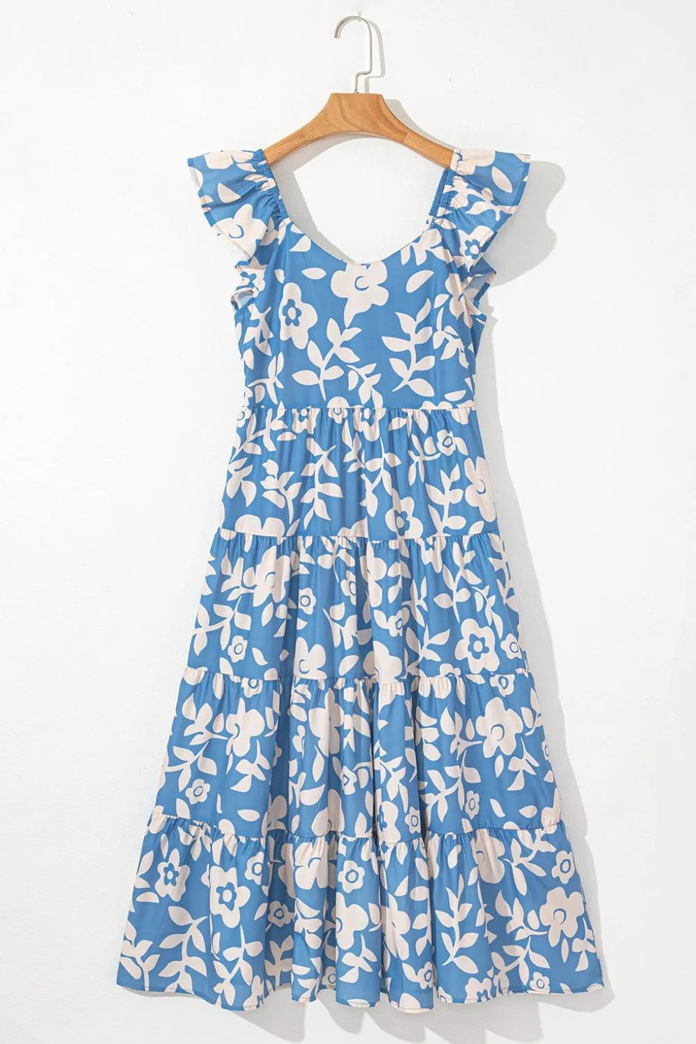 Floral Flutter Shoulder Tiered Flowy Midi Dress