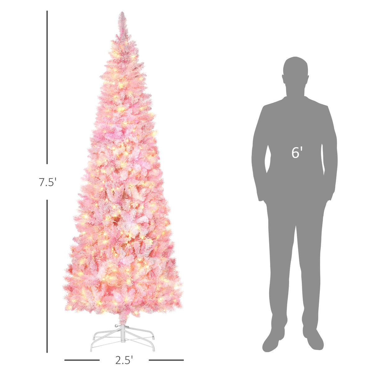 Snow Flocked Pencil Shape Artificial Christmas Tree with Warm LED Lights - White