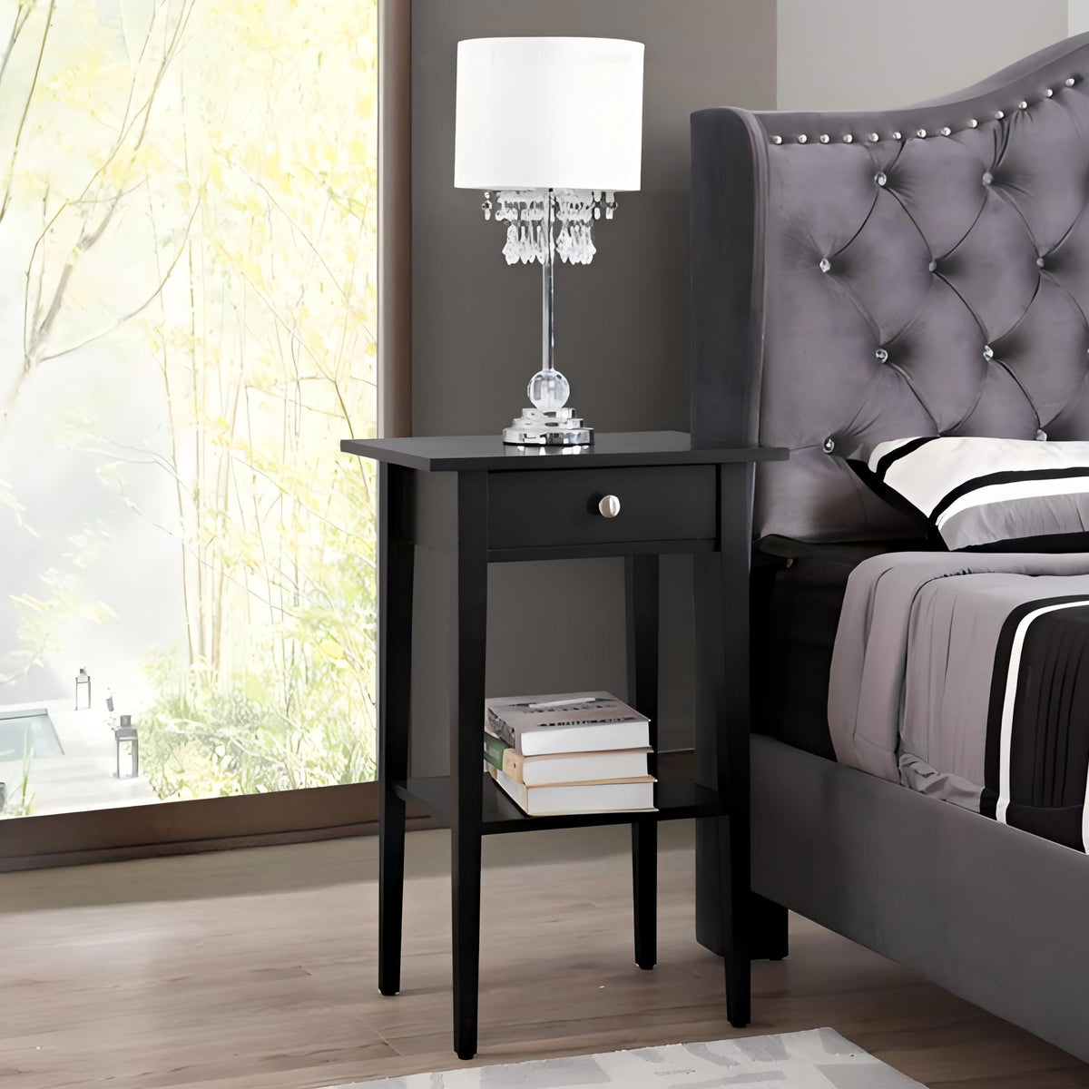 Wood Nightstand with Drawer and Shelf - Multiple Colors