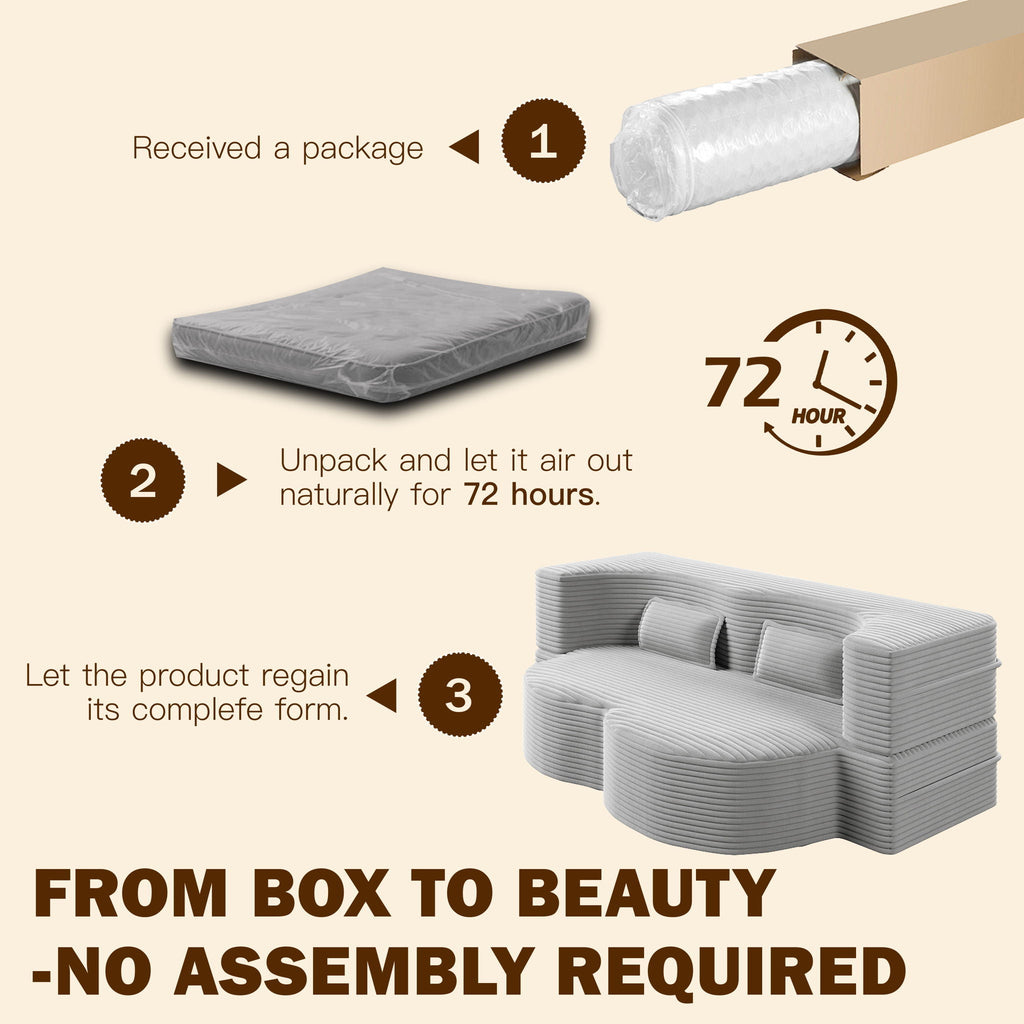 Convertible Floor Sofa with 2 Pillows - Twin Size Corduroy - White or Gray